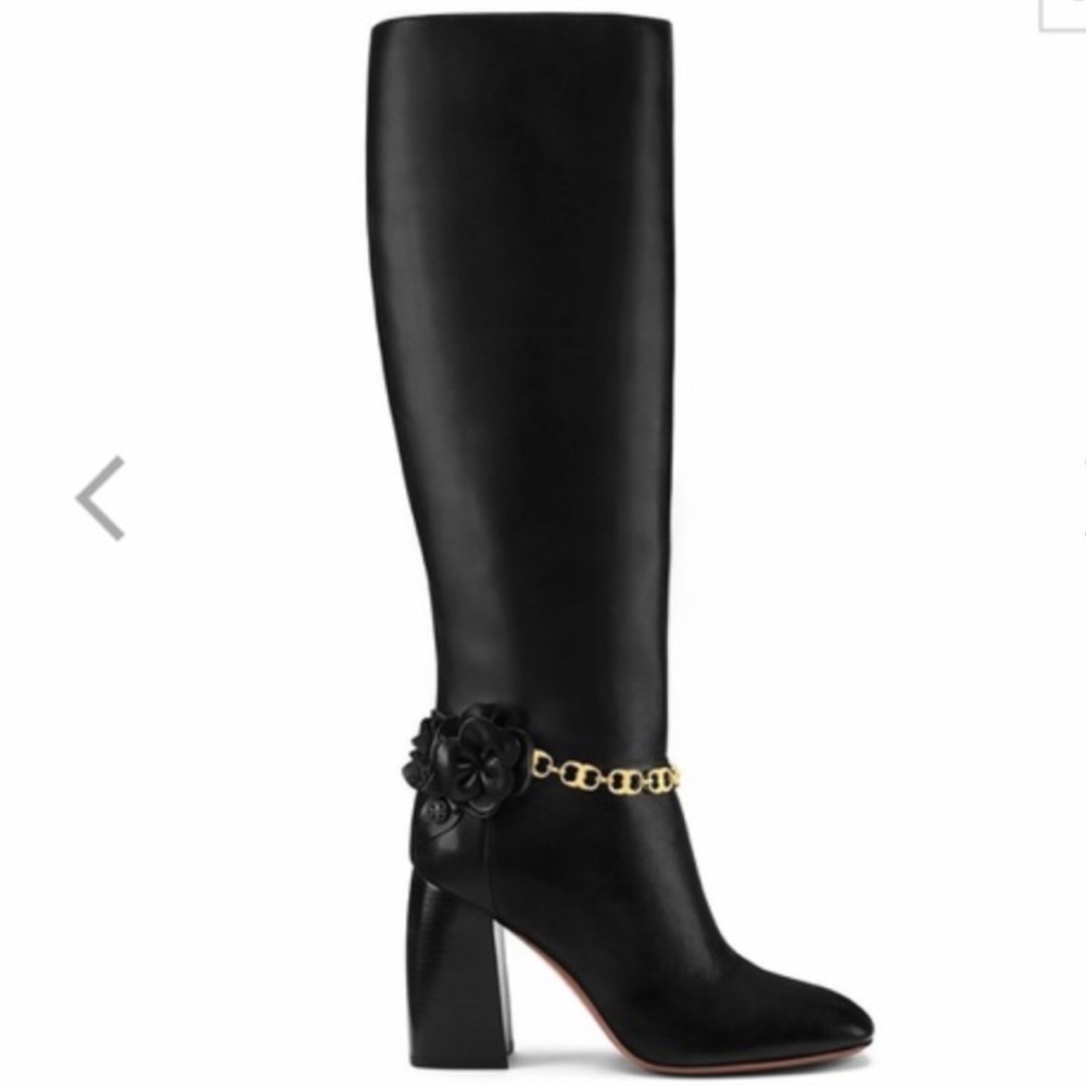 Tory Burch Blossom Chain Leather Knee High Boots